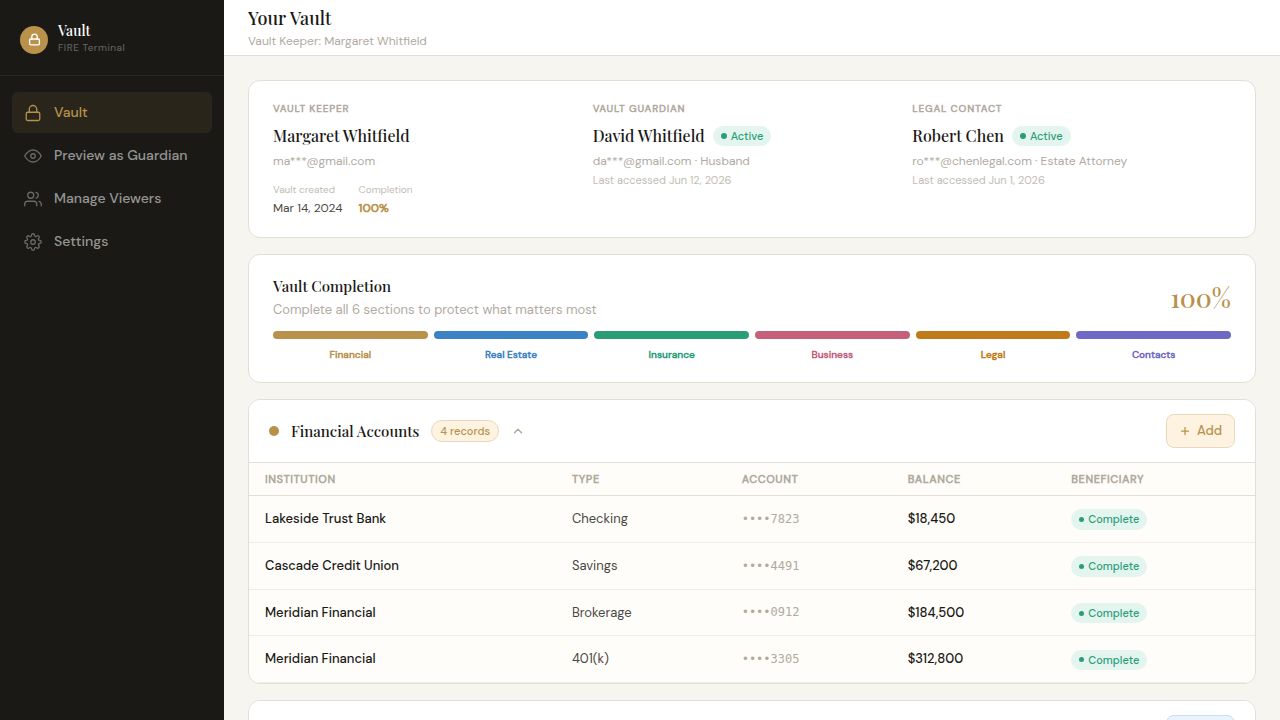 Vault dashboard with financial accounts, identity bar, and completion tracking