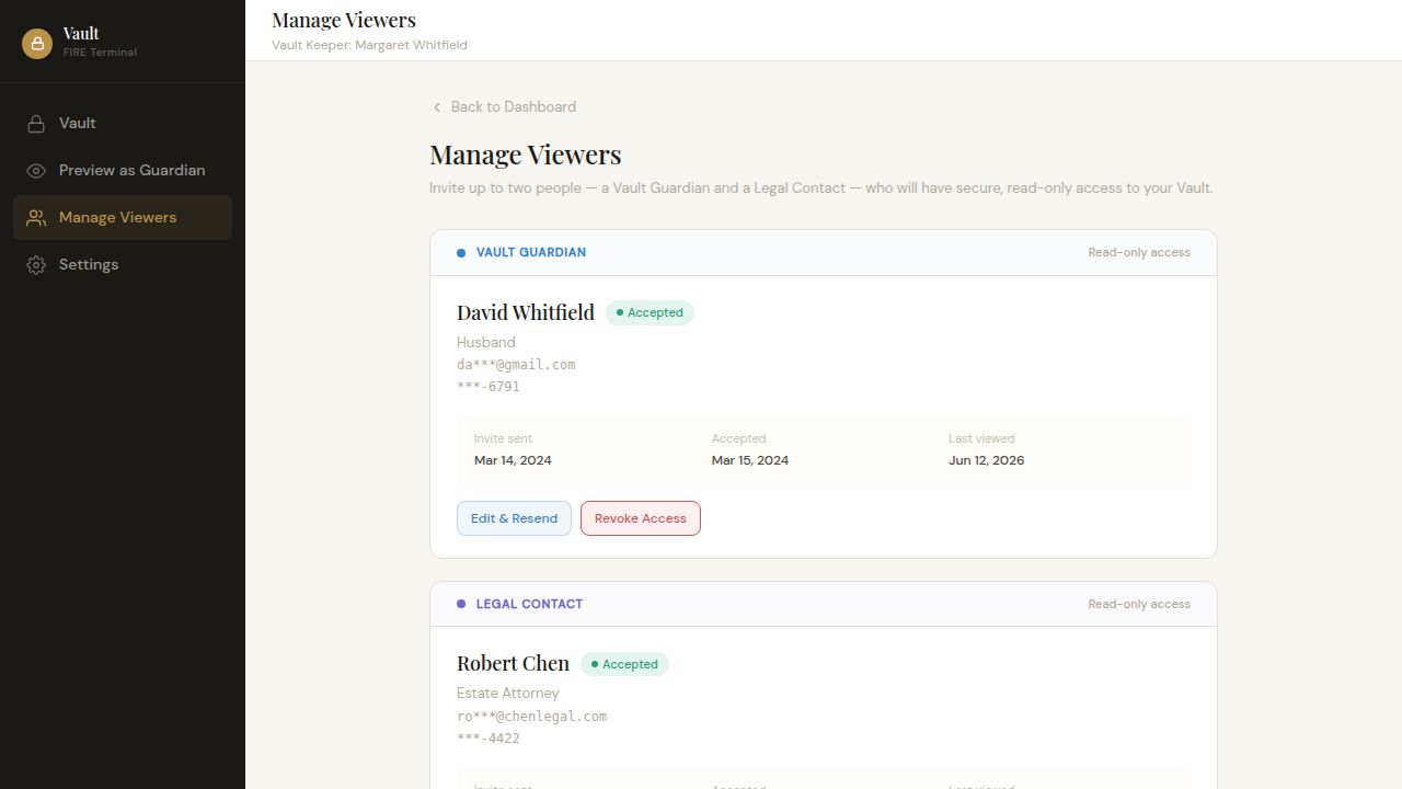 Vault Manage Viewers screen showing a Vault Guardian with accepted access and a Legal Contact with pending invite